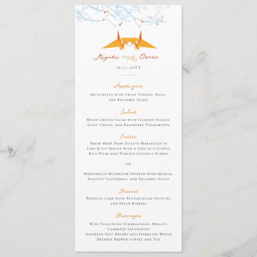 Menu Baiser Grues en papier orange Mariage asiatique mo (Devant)