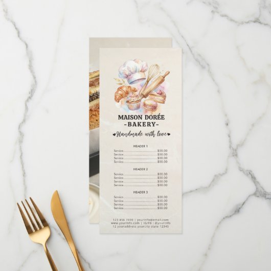 Menu Bakery Pastry Chef Baking Catering Gold Price List (Devant/Arrière en situation)