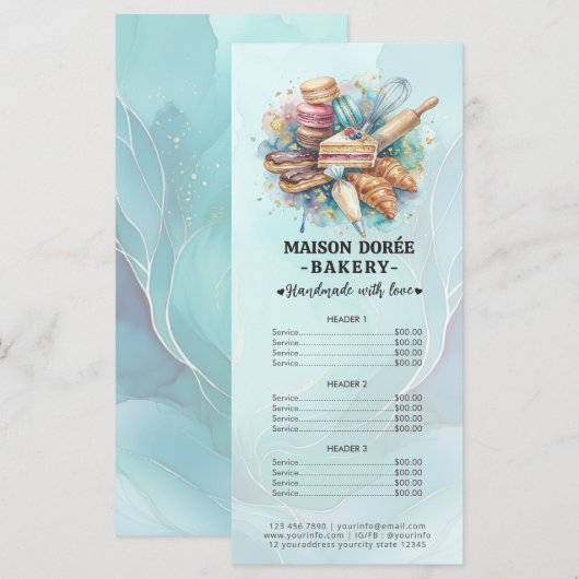 Menu Bakery Pastry Chef Baking Catering Gold Price List (Devant / Derrière)