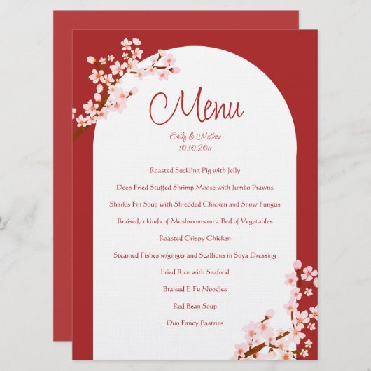 Menu Banquet d'arche en fleurs de cerisier mariage roug (Devant / Derrière)