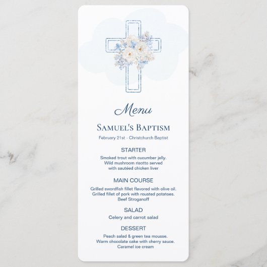 Menu Baptême de la Croix Florale Bleue (Devant)
