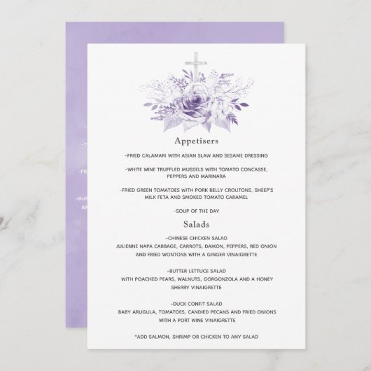 Menu Baptême ou baptême floral Lilac et Argent (Devant / Derrière)