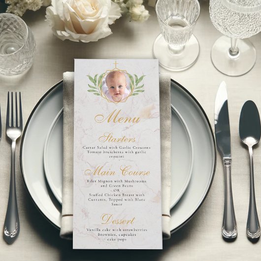Menu Baptême Photo Botanique Or Marbre Feuilles Feuilla