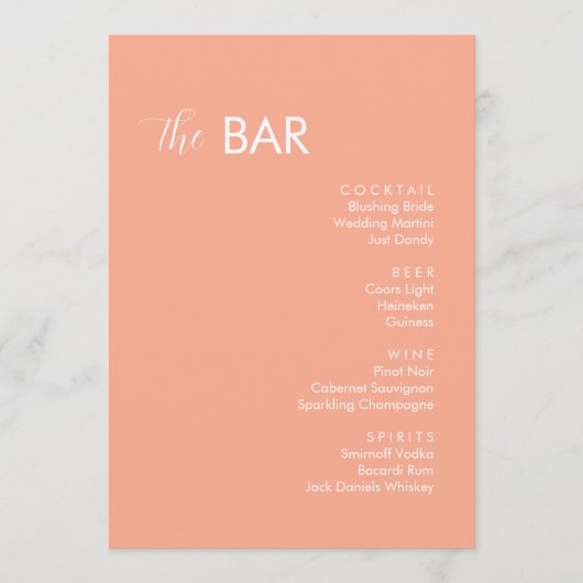 Menu Bar à boissons minimaliste Mariage Peach (Devant)