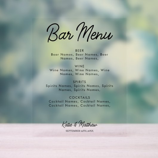 Menu Bar Boissons Alcool Mariage Minimaliste (Neutre)