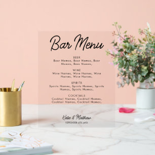 Menu Bar Boissons Alcool Mariage Minimaliste