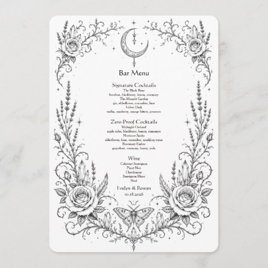 Menu Bar de mariage botanique gothique noir et blanc (Devant)