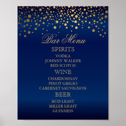Menu Bar - Gold Confetti-Stippen op Navy Blue Poster (Voorkant)