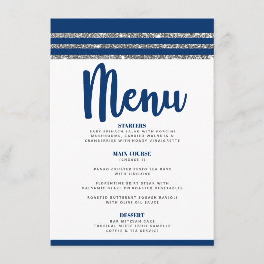 Menu Bar Mitzvah Modern Navy Blue Silver Tallit Script (Devant)