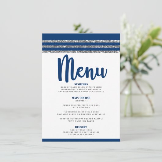 Menu Bar Mitzvah Modern Navy Blue Silver Tallit Script (Debout devant)