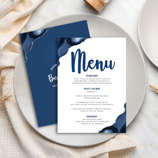 Menu Bar Mitzvah Moderne Gras Bleu Marine Agate Script
