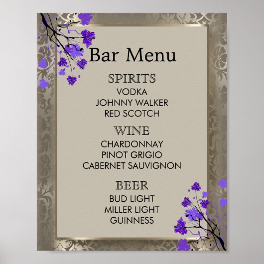 Menu Bar - Paarse Floral & Antiek Silver Damask Poster (Voorkant)
