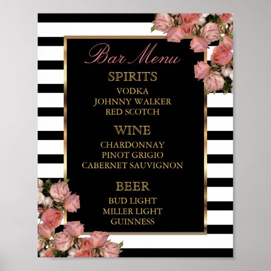 Menu Bar - Roos Gold en Stripe Wedding Poster (Voorkant)