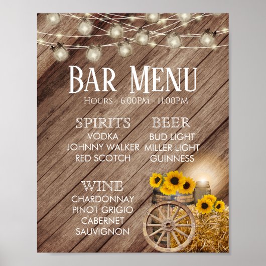 Menu Bar - Rustige houten loop & zonnebloemen Poster (Voorkant)