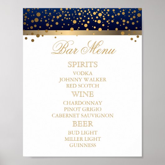 Menu Bar - White en Navy Blue met Gold Confetti Poster (Voorkant)