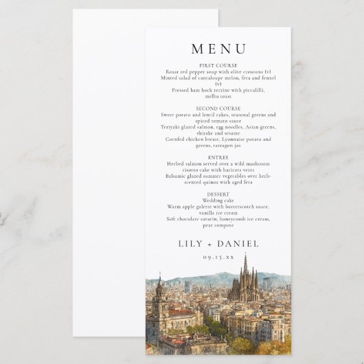 Menu Barcelona Watercolor Destination Wedding (Devant / Derrière)