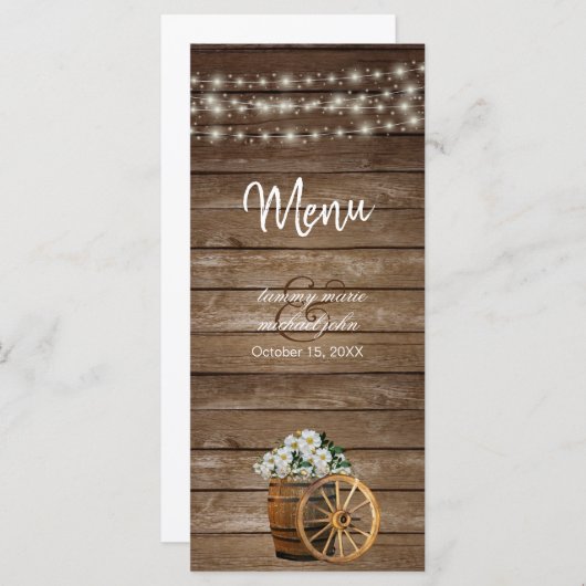 Menu Baril de bois rustique et Fleurs blanches de pays (Devant / Derrière)