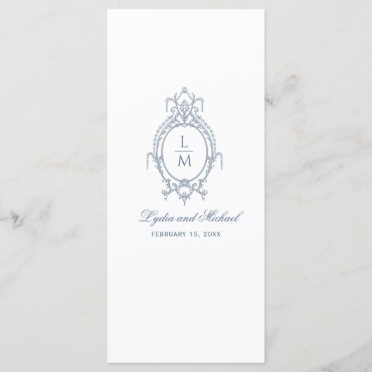 Menu Baroque bleu français | Mariage monogramme (Dos)