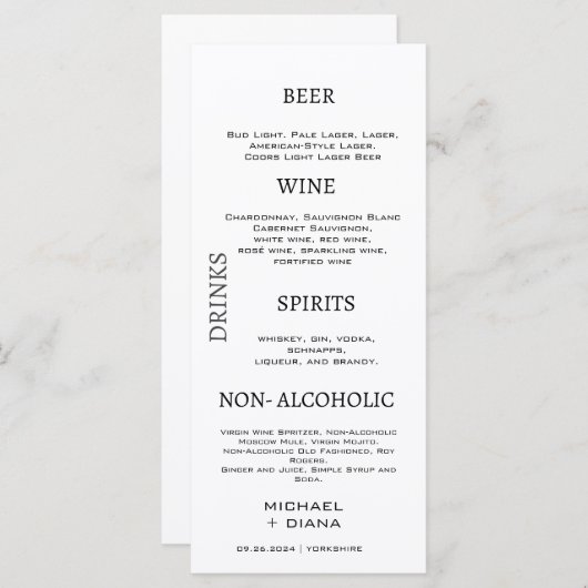 Menu Barre de boissons Mariage Gras Script Minimal Pers (Devant / Derrière)
