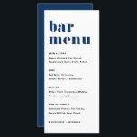Menu Barre de Mariage de typographie rétro en bleu de m<br><div class="desc">Ajoutez ce papier à lettres de carte à barres personnalisable à votre paysage de table d'évènement. Ils sont dotés d'une typographie rétro audacieuse et d'une typographie simple verte et noire. Cette carte de menu bleu marine est parfaite pour les mariages, les douches nuptiales, les baby showers, et bien plus encore....</div>