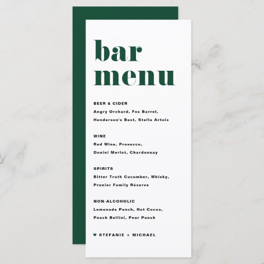 Menu Barre de Mariage Green Bold Retro Typography (Devant / Derrière)