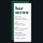 Menu Barre de Mariage Green Bold Retro Typography<br><div class="desc">Ajoutez ce papier à lettres de carte à barres personnalisable à votre paysage de table d'évènement. Ils sont dotés d'une typographie rétro audacieuse et d'une typographie simple verte et noire. Cette carte de menu verte au bar conviendra parfaitement aux mariages,  aux douches nuptiales,  aux baby showers,  etc.</div>