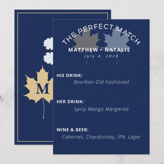Menu Barre de Mariage Moderne Gras Bleu Cobalt Or (Devant / Derrière)