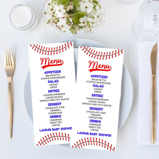 Menu Baseball Sports Red Blue Baby shower Nourriture
