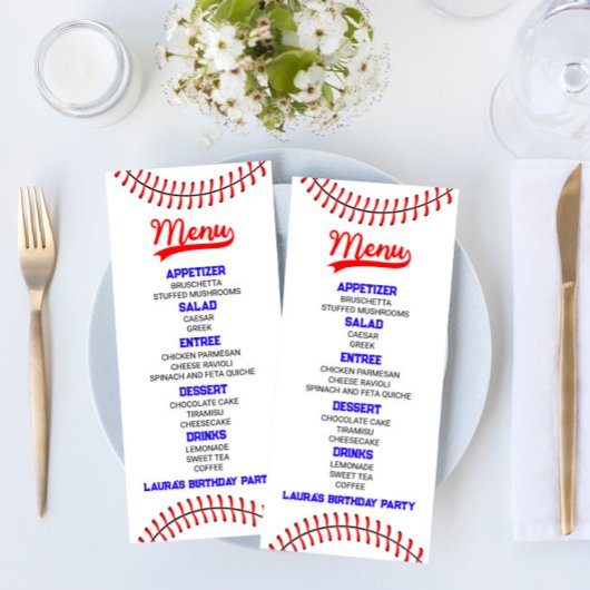 Menu Baseball Sports Rouge Bleu Nourriture fête d'anniv