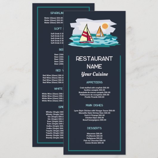 Menu Bateau à voile Sunrise, Restaurant Slimline (Devant / Derrière)