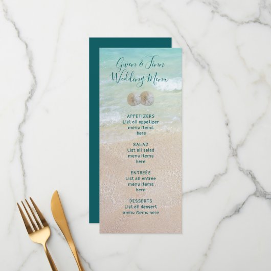 Menu Beach Scene Background Sand Dollars Weddensch (Voorkant / Achterkant in situ)