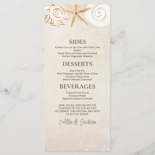 Menu Beach Seashells Sable Bord De Mer Réception De Mar (Dos)