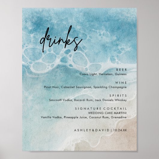 Menu Beach Wedding Large Drinken Bar Poster (Voorkant)