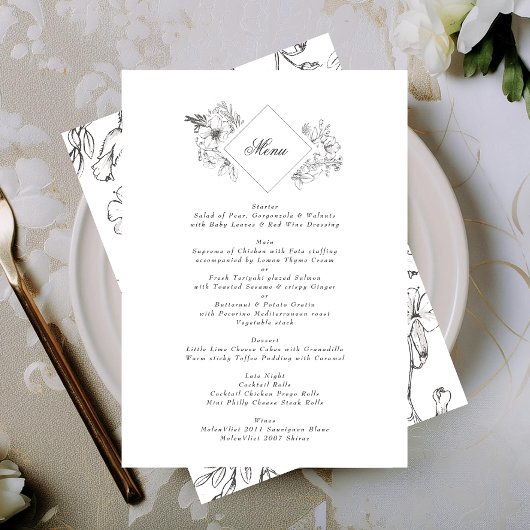 Menu Beau Monogramme Floral Mariage de couronne dessiné