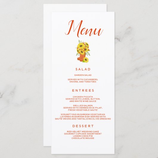 Menu Beau thème tournesol (Devant / Derrière)