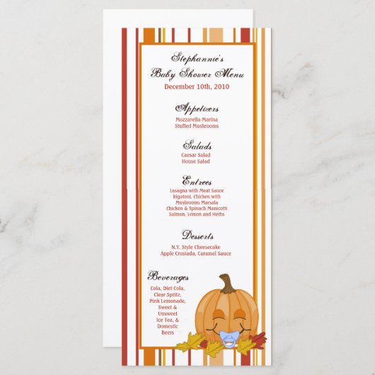 Menu Bébé de citrouille d'automne d'automne de 25 (Devant / Derrière)