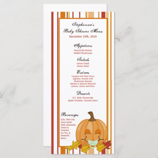Menu Bébé de citrouille d'automne d'automne de 25 (Devant / Derrière)