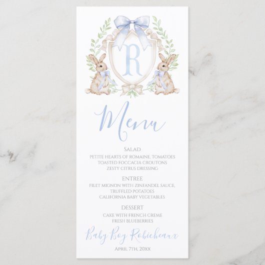 Menu Bébé Garçon Lapin Shower Préparé Bleu Gingham (Devant)