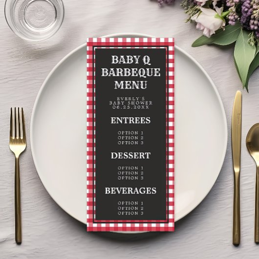Menu Bébé Q Rouge En vichy Baby shower plaqué
