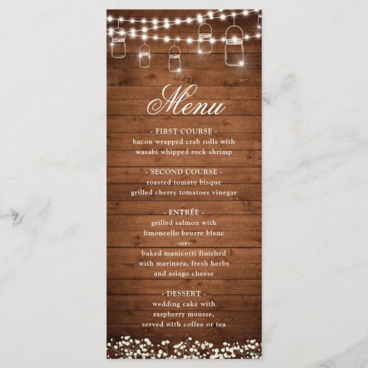 Menu Bébé's Breath Mason Jar Rustic Mariage Dîner (Devant)