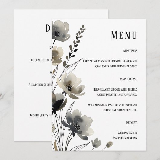 Menu Beige Neutral Floral Wedding (Devant / Derrière)