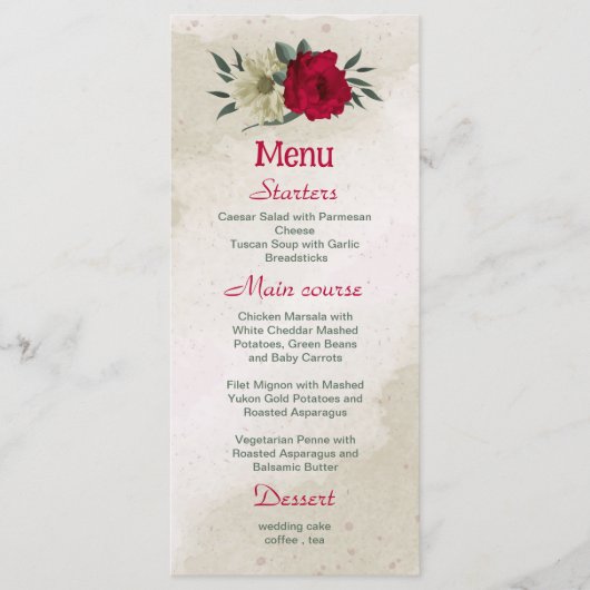 Menu belle fleurs rouge pâle jaune mariage (Devant)