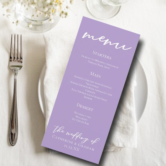 Menu Belle Lilac Purple Typographie Mariage Dîner