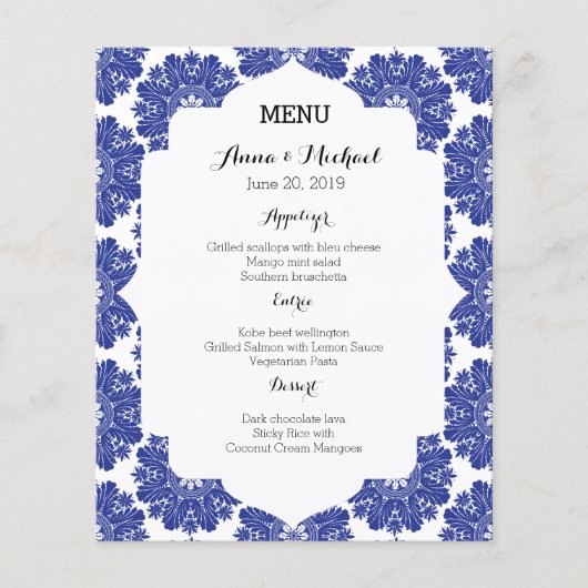 MENU Belle suite Mariage Baroque Bleue & Blanc (Devant)