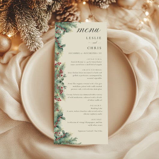 Menu Berries d'hiver et Pine Aquarelle Mariage de verdu