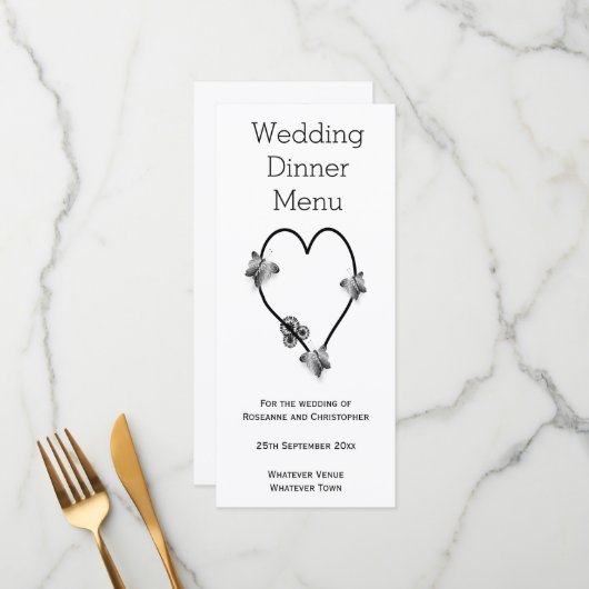 Menu Beurre Noir Et Blanc Coeur Mariage Dîner (Devant/Arrière en situation)