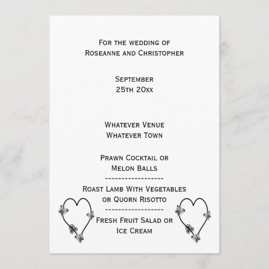 Menu Beurre Noir Et Blanc Coeur Mariage Dîner (Dos)