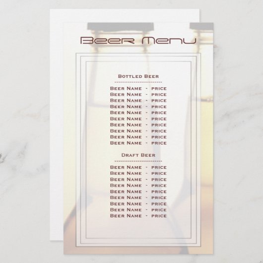 Menu Bière Bouteille (Devant / Derrière)