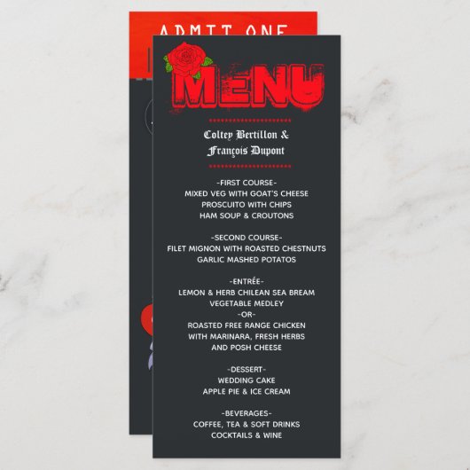 Menu Billet Mariage Rock and Roll (Devant / Derrière)