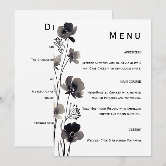 Menu Black and White Floral Wedding (Devant / Derrière)